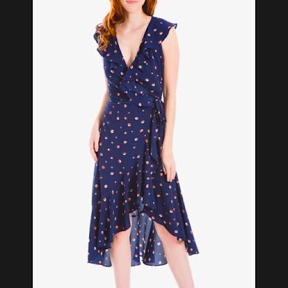 NWT Max Studio navy blue wrap midi dress with ruffle ditsy spot cottagecore sale